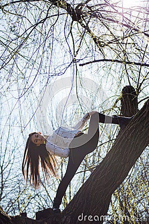 Bottom view charming cute slim girl gymnast is on top of unusual tree without leaves and executes elements of stretching Stock Photo