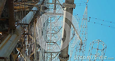 Bottom view, Chernobyl 2 radio antenna, military facility, giant mettal radar. Ukraine, daytime. Stock Photo