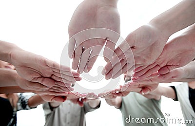 Bottom view. circle of hands Stock Photo