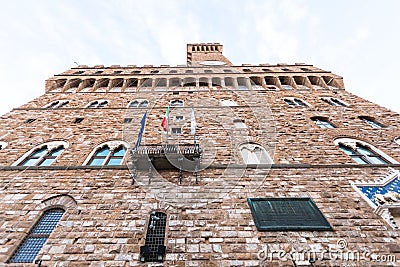 Bottom view of facade Palazzo Vecchio in morning Stock Photo