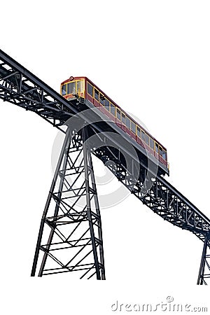 Bottom view on the rails of the funicular legend. Unique bridge. Stock Photo
