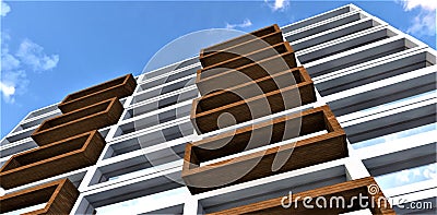 Bottom view of a white building with balconies finished with a facade board in a house built according to the most modern Stock Photo