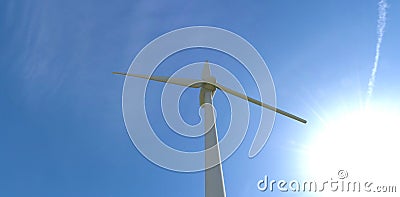 Bottom view of a white fan of an industrial wind turbine against the backdrop of the sun and deep sky. 3d render Cartoon Illustration