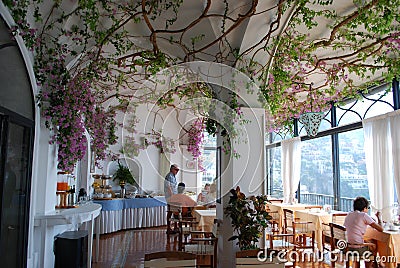 Bougainvillea on the ceiling in Hotel Restaurant in Positano, Italy Editorial Stock Photo