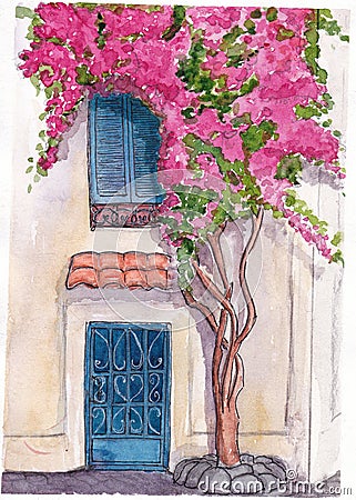 Bougainvillea pink flower entwines the wall of an old house. Building`s facade. Old blue door. Window with shutters. Wall and woo Stock Photo