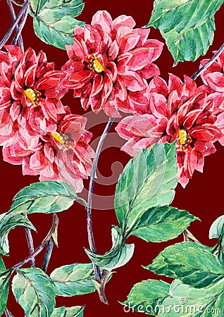 Bouguet red dahlia, watercolor, pattern seamless Stock Photo