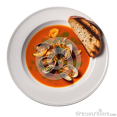 Bouillabaisse On A White Ornate Round Smooth Plate, French Dish. Generative AI Stock Photo