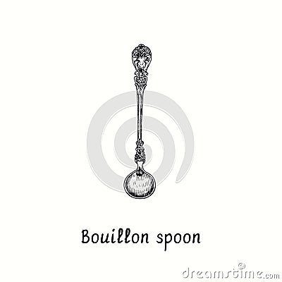 Bouillon spoon with retro style decor. Ink black and white drawing woodcut vintage style Vector Illustration