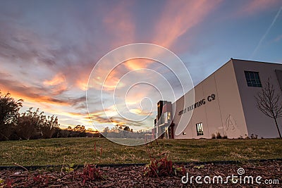 Boulder, Colorado - October 28, 2018 : Vibrant sunset over Avery Brewing Company in Boulder Editorial Stock Photo