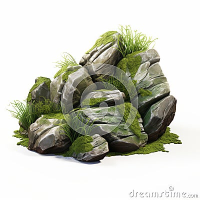 Semi-realistic Rock Scene With Grass On White Background Stock Photo