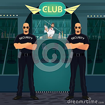 Bouncers standing near entrance to the night club Vector Illustration