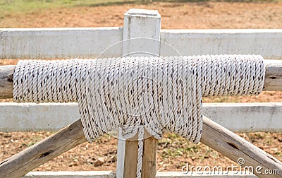 Bound with rope knot and wooden as fence in farmland. Stock Photo