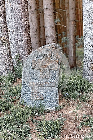 Boundary marker on rock at forest Stock Photo