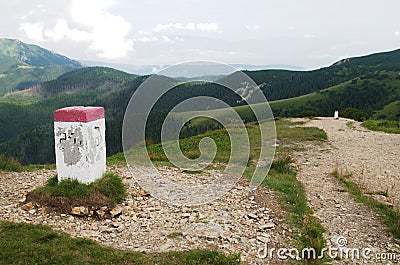 Boundary stone with Poland in Rohace western Tatra mountains, Slovakia Stock Photo