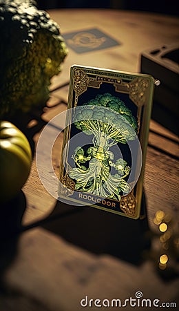 Bountiful Blessings: An AI Infused Tarot Card Revering the Broccoli's Abundant Spirit Cartoon Illustration