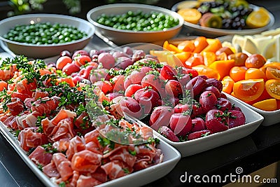 A Bountiful Buffet Spread with Vibrant Fresh Fare. Concept Food Photography, Buffet Styling, Fresh Stock Photo