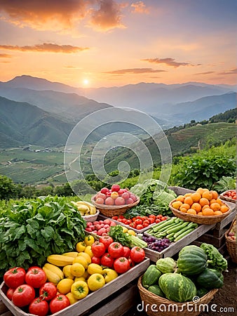 Bountiful Display of Agricultural Abundance Colorful Vegetables and Organic Fresh Fruits at Harvest Time Outdoors Generative AI Stock Photo