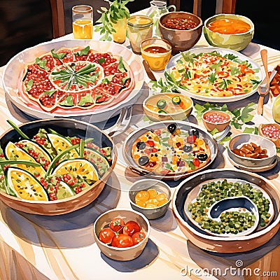Bountiful Table Spread with Traditional Wedding Foods Stock Photo