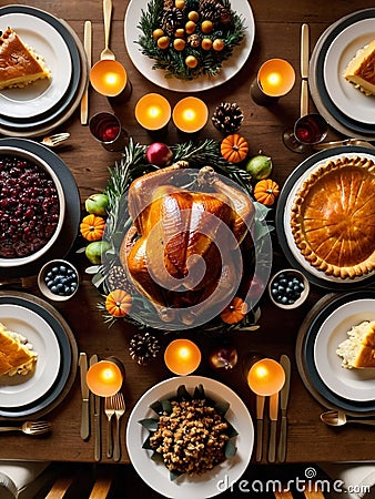 Bountiful Thanksgiving Dinner Table with Delicious Spread.AI Generated Stock Photo