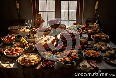 Bountiful Thanksgiving Feast on Table. AI Stock Photo