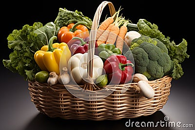 Bountiful veggie arrangement in a white basket tableau Stock Photo