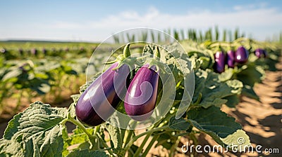 Bountiful and vibrant eggplant harvest growing on an open plantation on a sunny summer day. Stock Photo