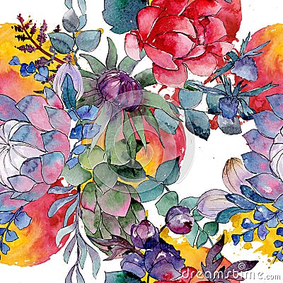 Bouqet succulent floral botanical flowers. Watercolor background illustration set. Seamless background pattern. Cartoon Illustration