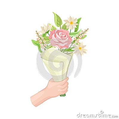 Bouquet of Blossoming Flowers with Rose in Craft Paper Wrapping Clutched in Hand Vector Illustration Vector Illustration