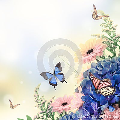 Bouquet from blue hydrangeas and butterfly Stock Photo