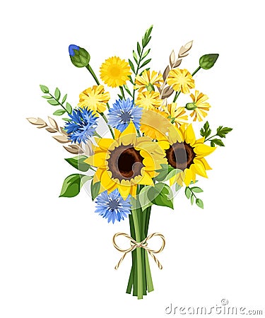 Bouquet of blue and yellow sunflowers, cornflowers, dandelions, and ears of wheat. Vector illustration Vector Illustration