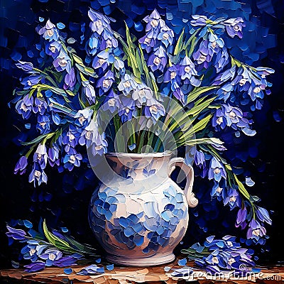 Bouquet of bluebells in a vase on a dark background, square impasto oil painting. Generative AI Stock Photo