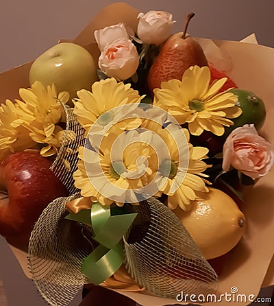 Bouquet, fruit, flowers, beautiful, bright, colourful Stock Photo
