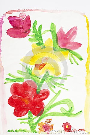 Bouquet of bright flowers. Real drawing of a small child. Drawing by watercolor. Stock Photo