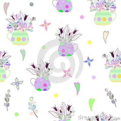 Bouquet of bright multicolored flowers in a polka dot vase and hearts. seamless pattern Stock Photo