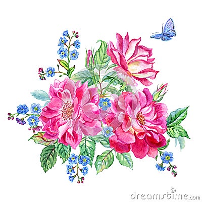 A bouquet of bright pink climbing roses and forget-me-nots with a blue butterfly Stock Photo