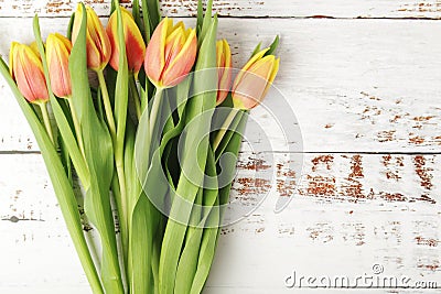 A bouquet of bright tulip at white wooden background with copy space Stock Photo