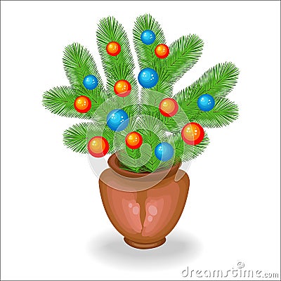 Bouquet of Christmas tree branches. Traditional symbol of the New Year. Creates a festive mood. Decorated with bright toys, balls Cartoon Illustration