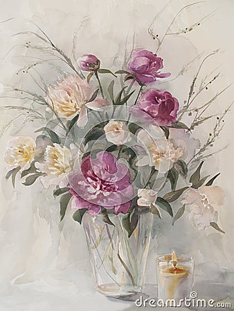 Bouquet of color peonies with candle watercolor Stock Photo