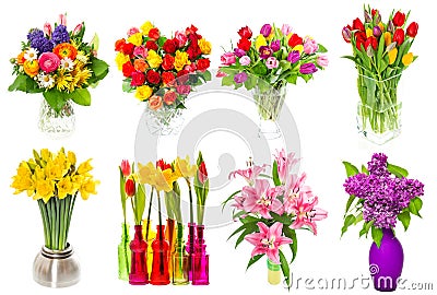 Bouquet of colorful flowers. tulips, roses, lilac, narcissus, li Stock Photo