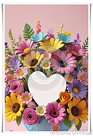 Bouquet of colorful flowers in a vase with a heart. Stock Photo