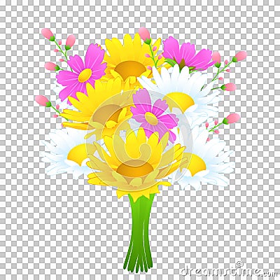 Bouquet of colorful flowers, vector drawing. Bright meadow buds yellow and white chamomile, cosmos pink flowers and Vector Illustration