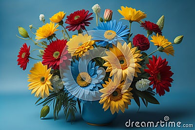 Bouquet of colorful gerberas in vase on blue background. generative ai Stock Photo