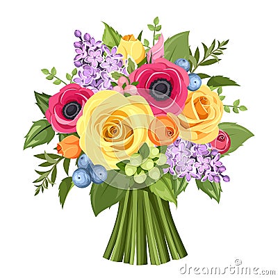 Bouquet of colorful roses, anemones and lilac flowers. Vector illustration. Vector Illustration