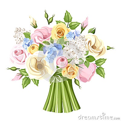 Bouquet of colorful roses, lisianthus and lilac flowers. Vector illustration. Vector Illustration