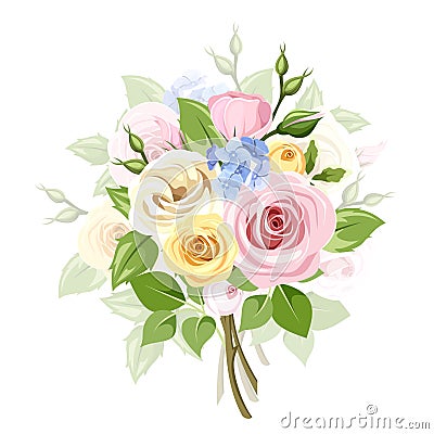 Bouquet of colorful roses, lisianthus and lilac flowers. Vector illustration. Vector Illustration