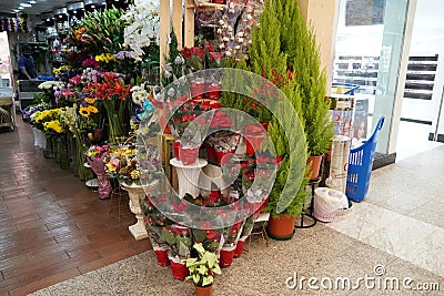 Bouquet of colorful roses and other different flowers at the entry to flower shop at farmers` market. Colorful peony, roses etc. Editorial Stock Photo