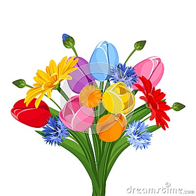 Bouquet of colorful tulips, gerbera flowers and cornflowers. Vector illustration. Vector Illustration