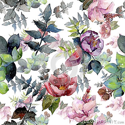 Bouquet composition floral botanical flowers. Watercolor background illustration set. Seamless background pattern. Cartoon Illustration