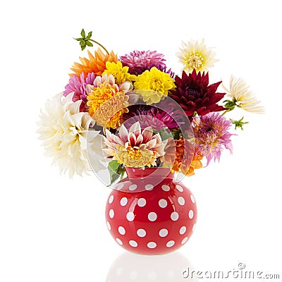 Bouquet Dahlias in red vase Stock Photo