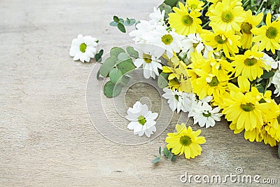 Bouquet daisy chamomile flowers on wooden garden table. Stock Photo